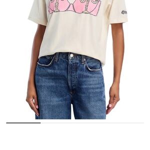 Aqua Cream Short Sleeve Tee with Pink Chest Graphic